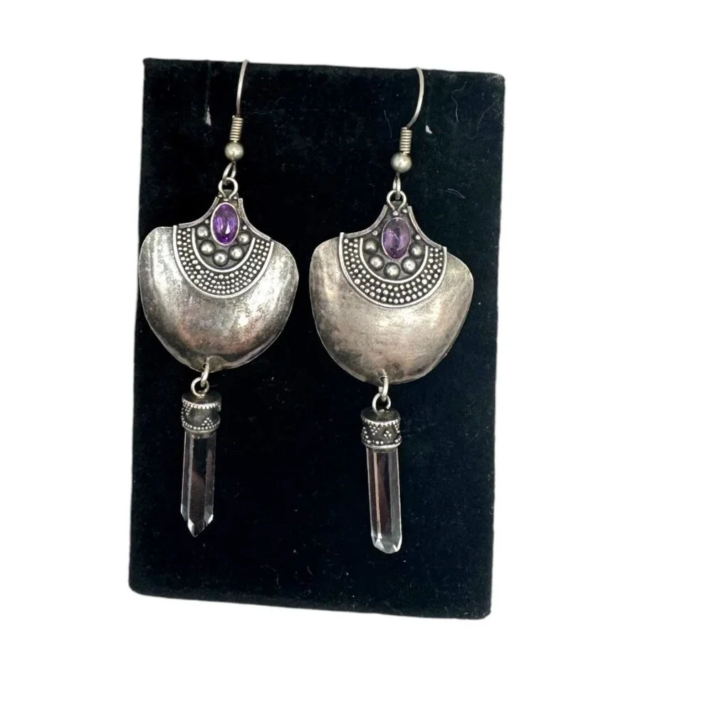 Vintage Sterling 925 Silver & Amethyst Dangle Earrings With Quartz Accents - Picture 6 of 10